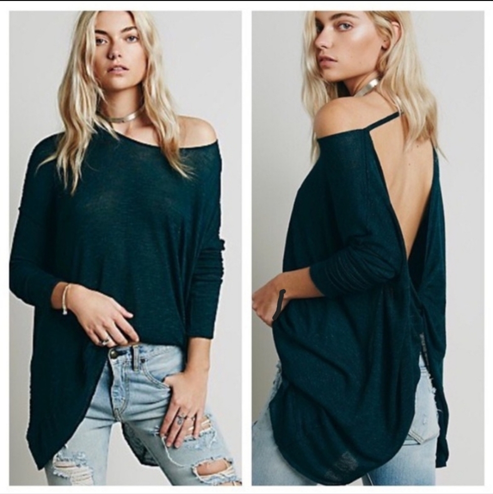 FREE PEOPLE Shadow Hacci Open Back Sweater in Navy Blue Size XS